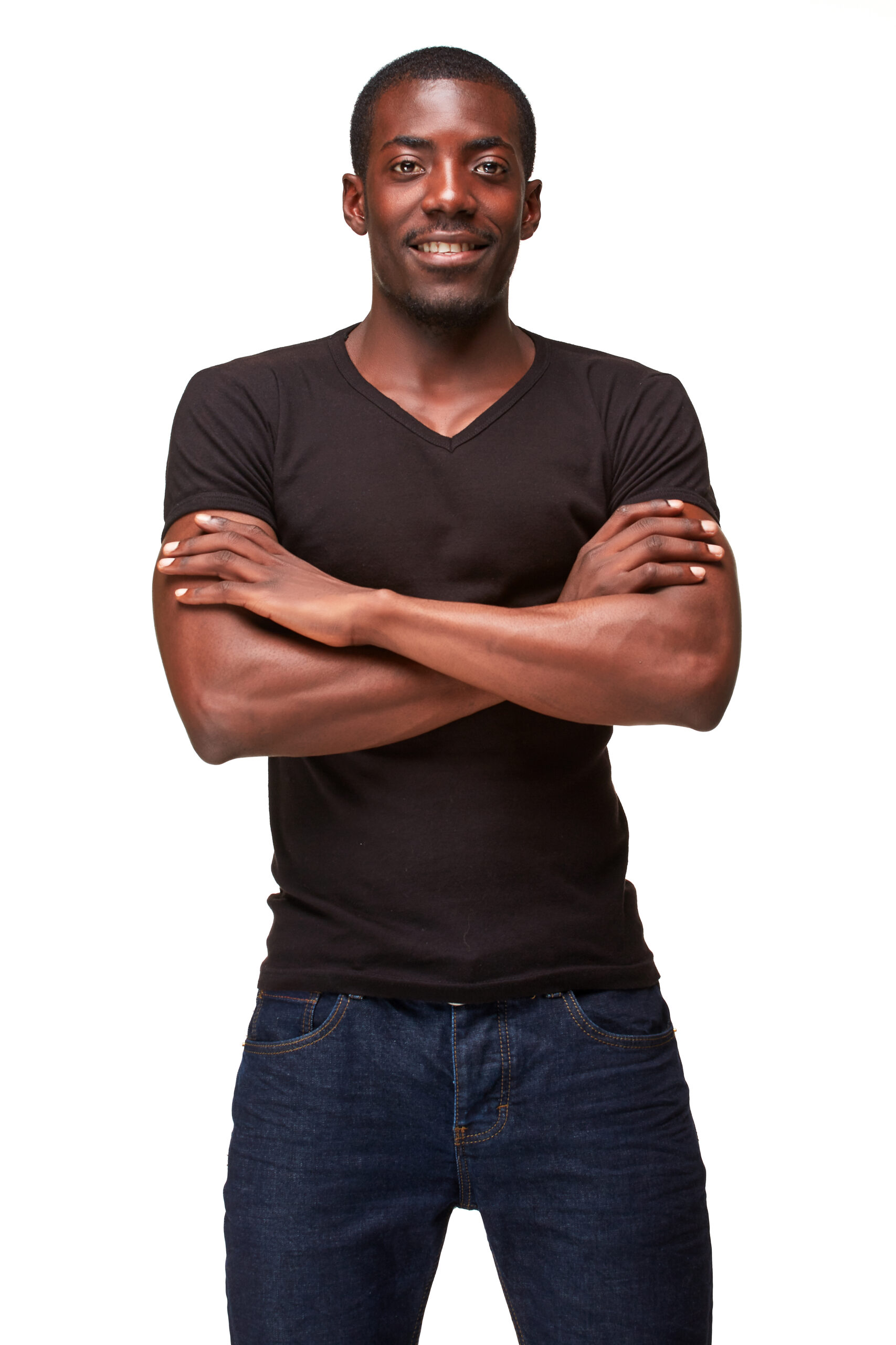 portrait of handsome young black african smiling man, isolated on white background. Positive human emotions